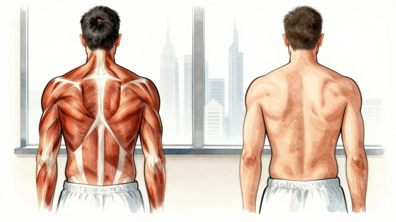 Artistic contrast of tense muscle fibers versus released, smooth tissue in the back and shoulders after deep tissue massage.