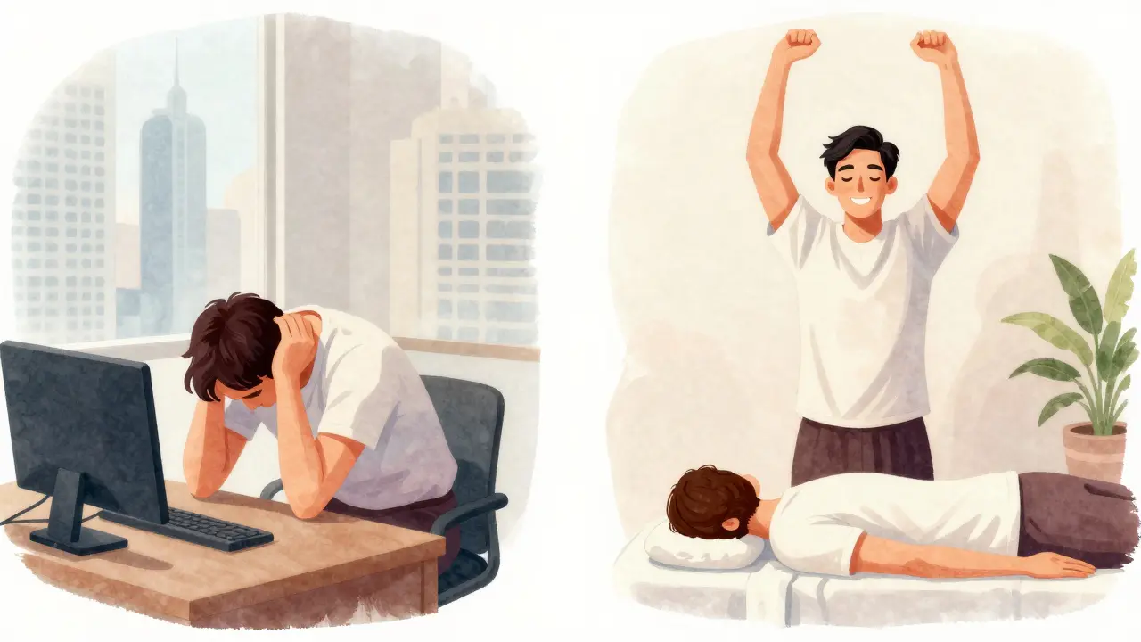 Before-and-after comparison: someone hunched at a desk versus standing tall and relaxed after Thai massage.