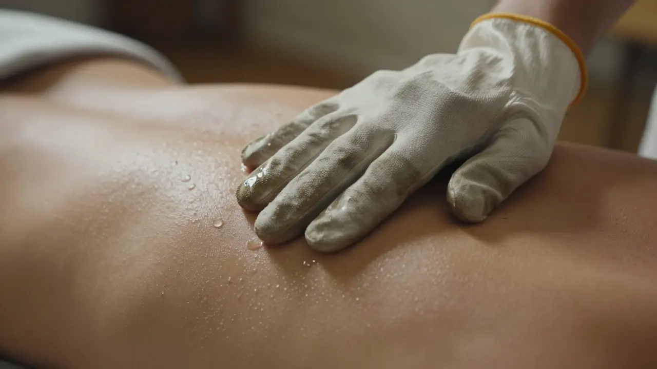 Close-up of a kese glove gently scrubbing a man's back, water droplets on skin, soft lighting.