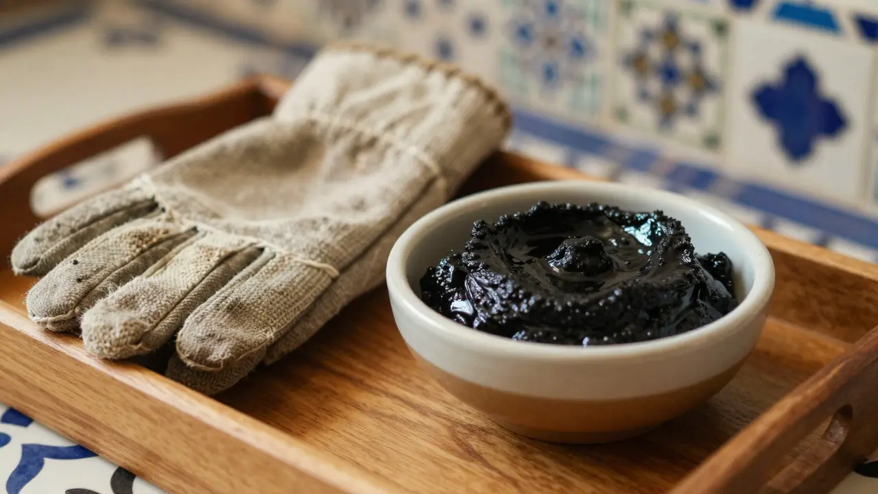 Close-up of a kessa glove and black soap on a wooden tray.