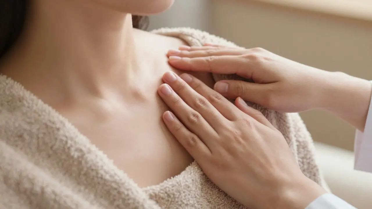 Close-up of a therapist's hands using feather-light strokes on a client's collarbone during a lymphatic drainage session.