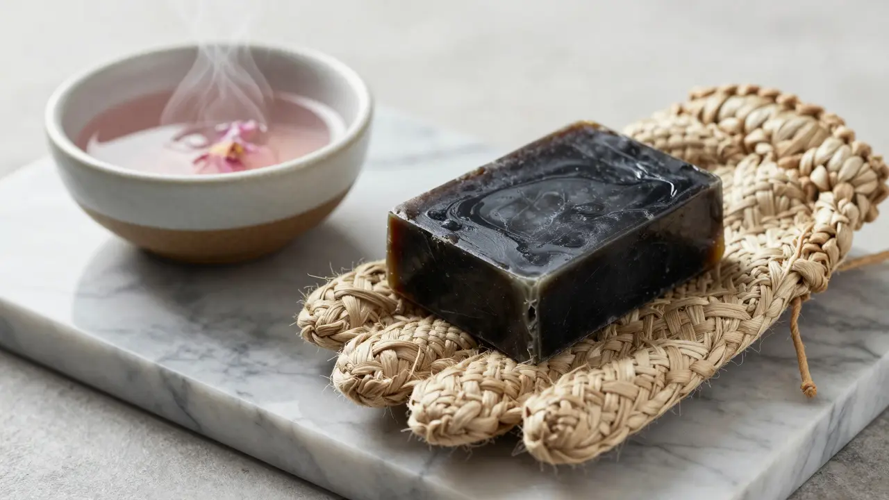 Close-up of black soap and a kessa glove on a marble tray, with steam rising in the background.