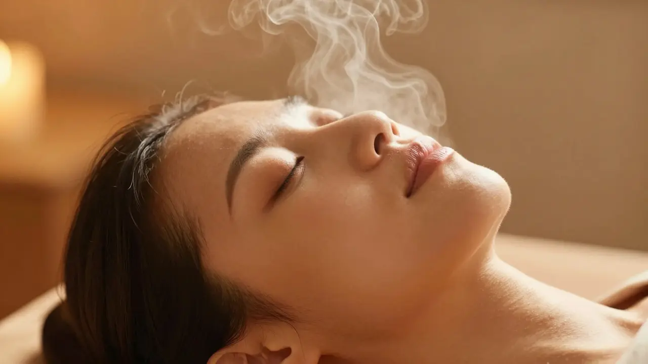 Close-up of calm face breathing deeply in warm steam.