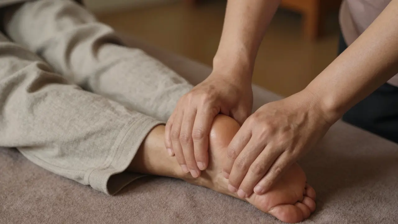 Close-up of hands applying pressure to a clothed foot during a traditional Thai massage session.
