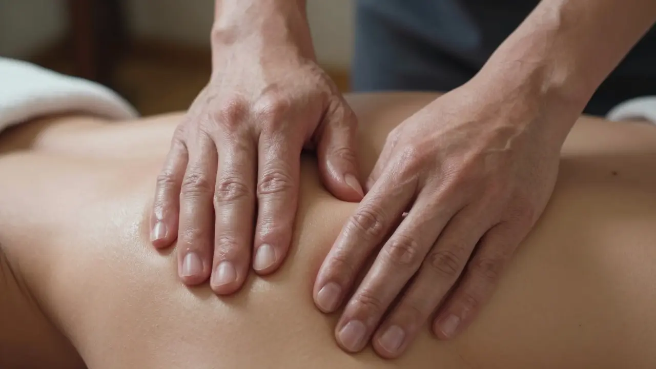 Close-up of hands pressing deeply into a shoulder muscle during massage.