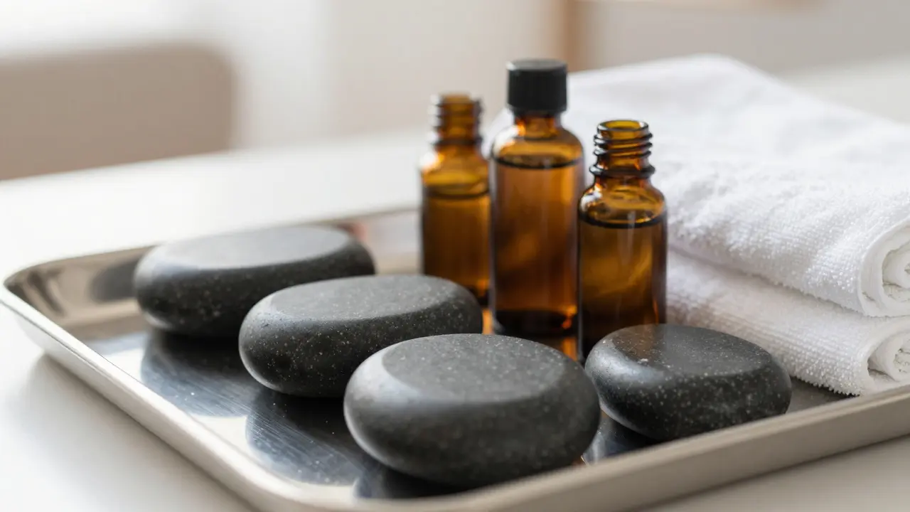 Close-up of massage stones and oils on a clean tray.