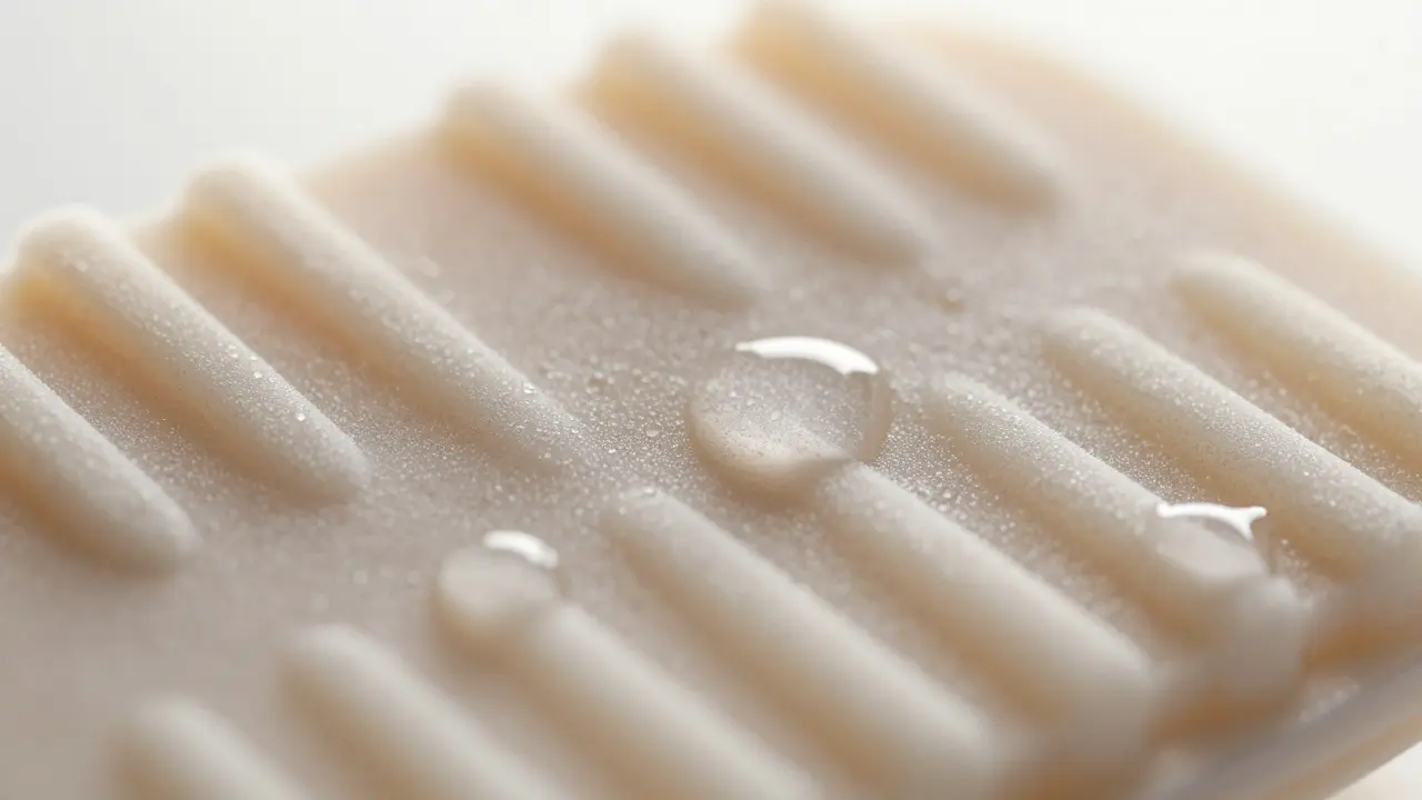 Close-up of ridged silicone surface with water droplets beading on it.