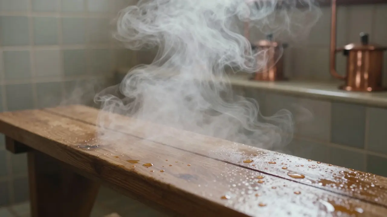 Close-up of steam rising from a wooden bench with condensation on tiled walls.