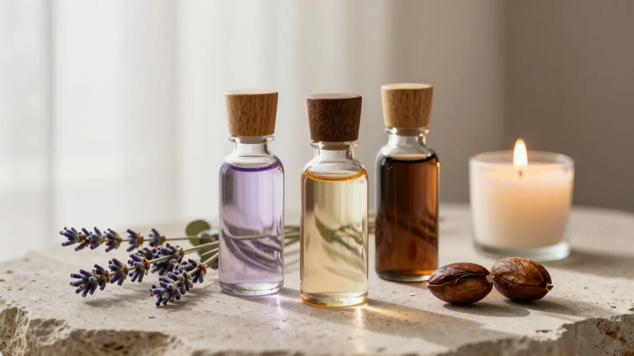 Close-up of three organic massage oils in glass bottles with natural elements beside a candle.
