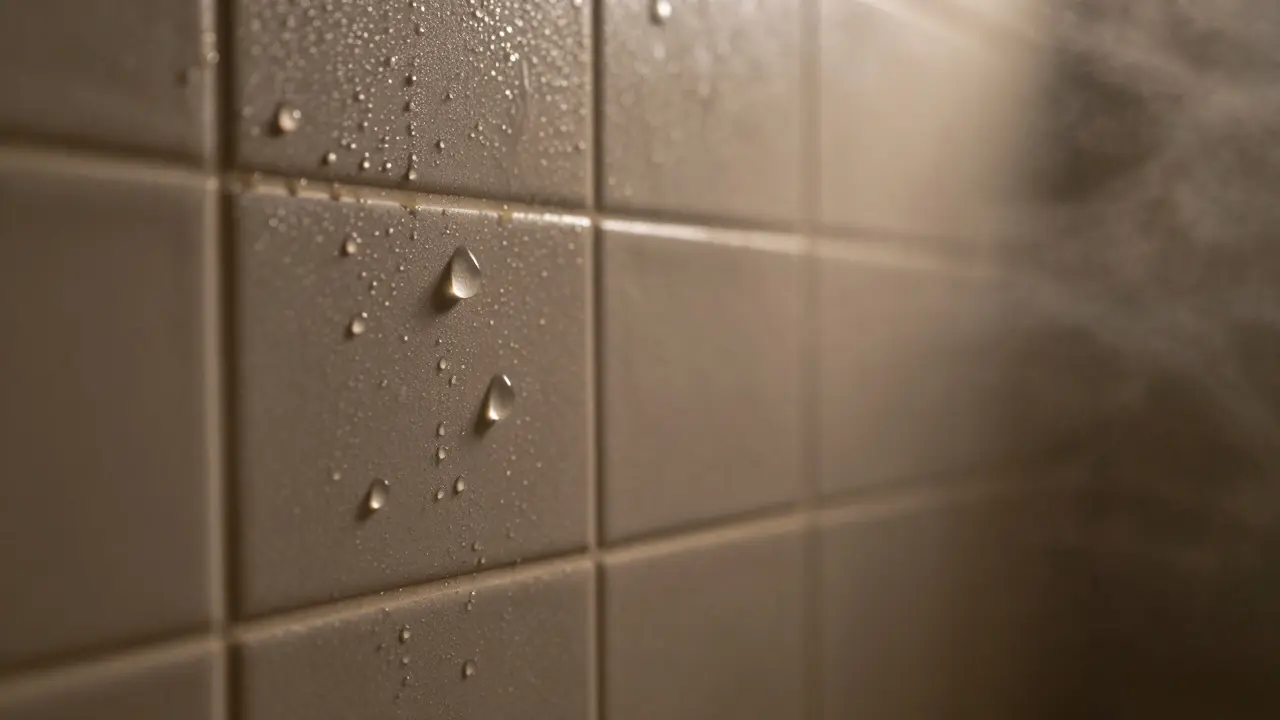 Close-up of water droplets glistening on a steam room wall under soft golden light.