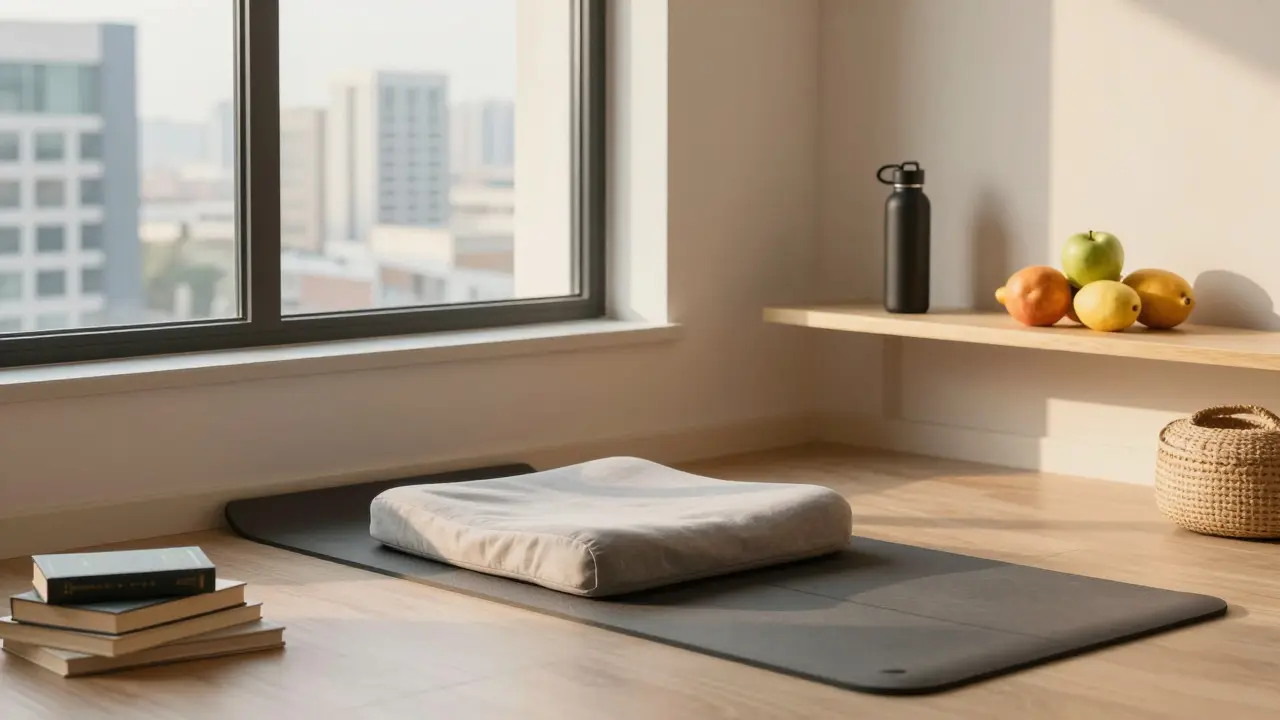 Cozy home wellness corner with meditation mat, fruit, and view of modern city skyline.