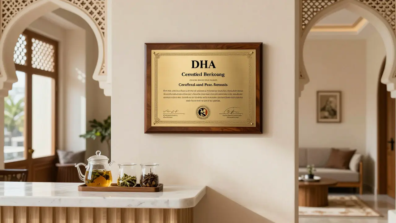 DHA certification plaque displayed in a luxury spa reception, symbolizing professional standards.