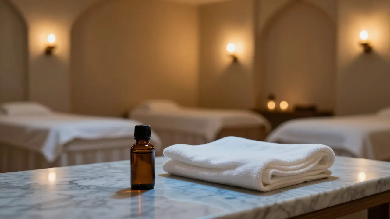 Dimly lit wellness room with oils and linens.
