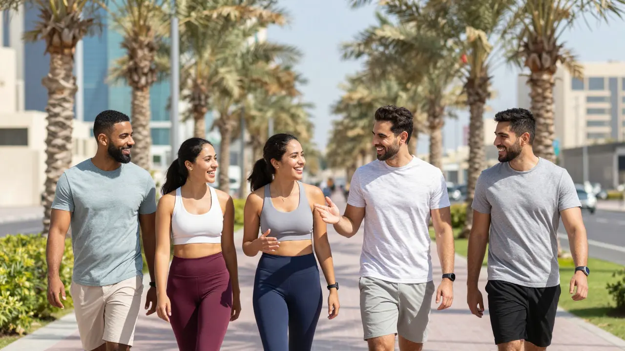 Diverse group of friends walking and laughing together in a lush urban park.