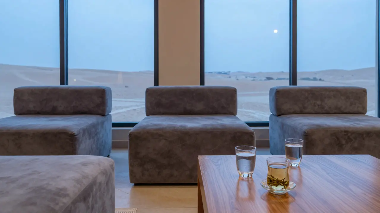 Empty relaxation lounge with tea and water near window view.