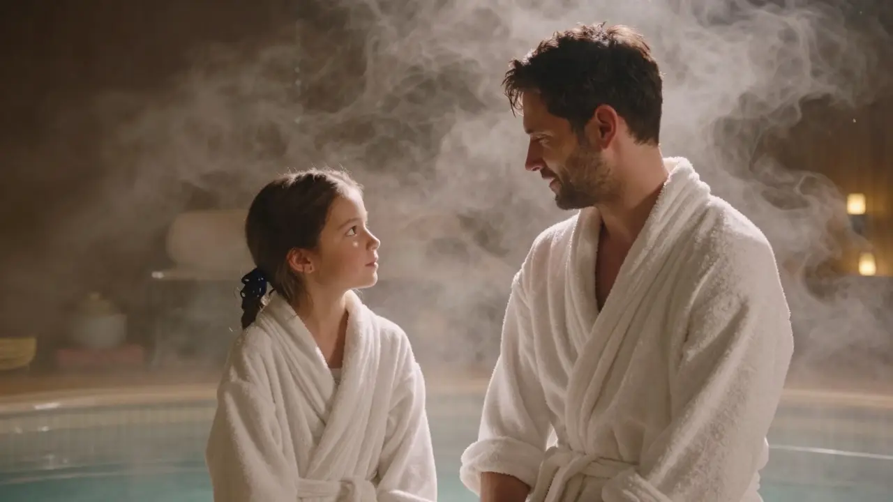 Father and daughter in robes sharing quiet moment in steam room.