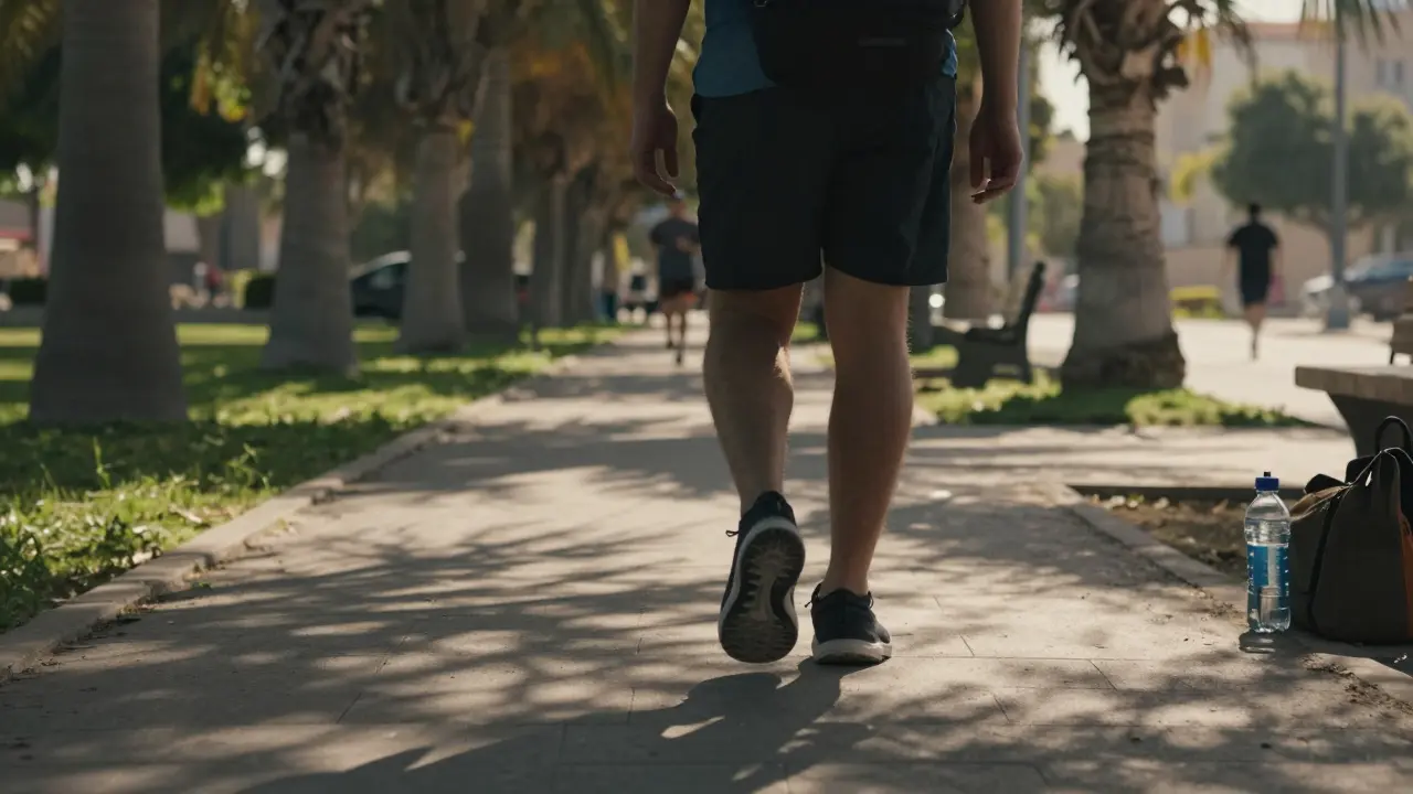 Feet walking on a shaded park path with palm trees in Dubai.