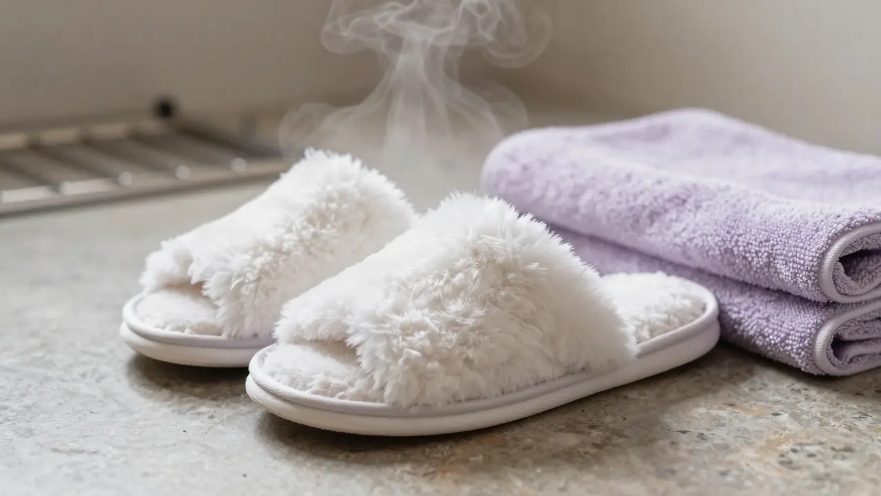 Fluffy slippers and a towel resting on a stone floor beside steam