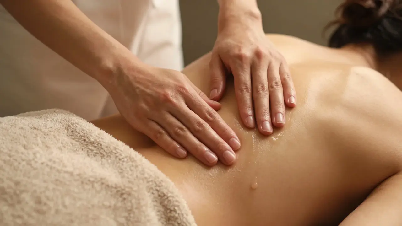 Gentle hands massaging a bare back, with the rest of the body covered by a towel.