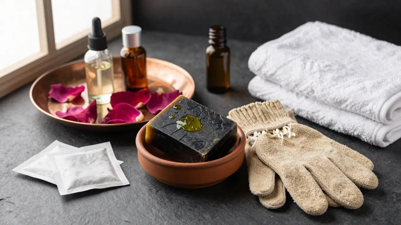 Hammam spa products including black soap and exfoliation gloves