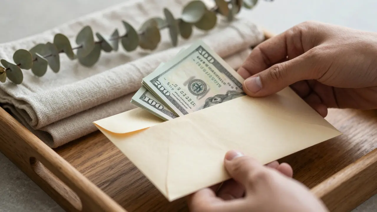 Hands placing cash envelope on a tray with spa towels.