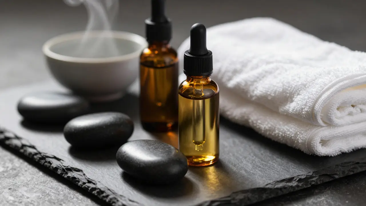 Hot stones and essential oils arranged on a tray.