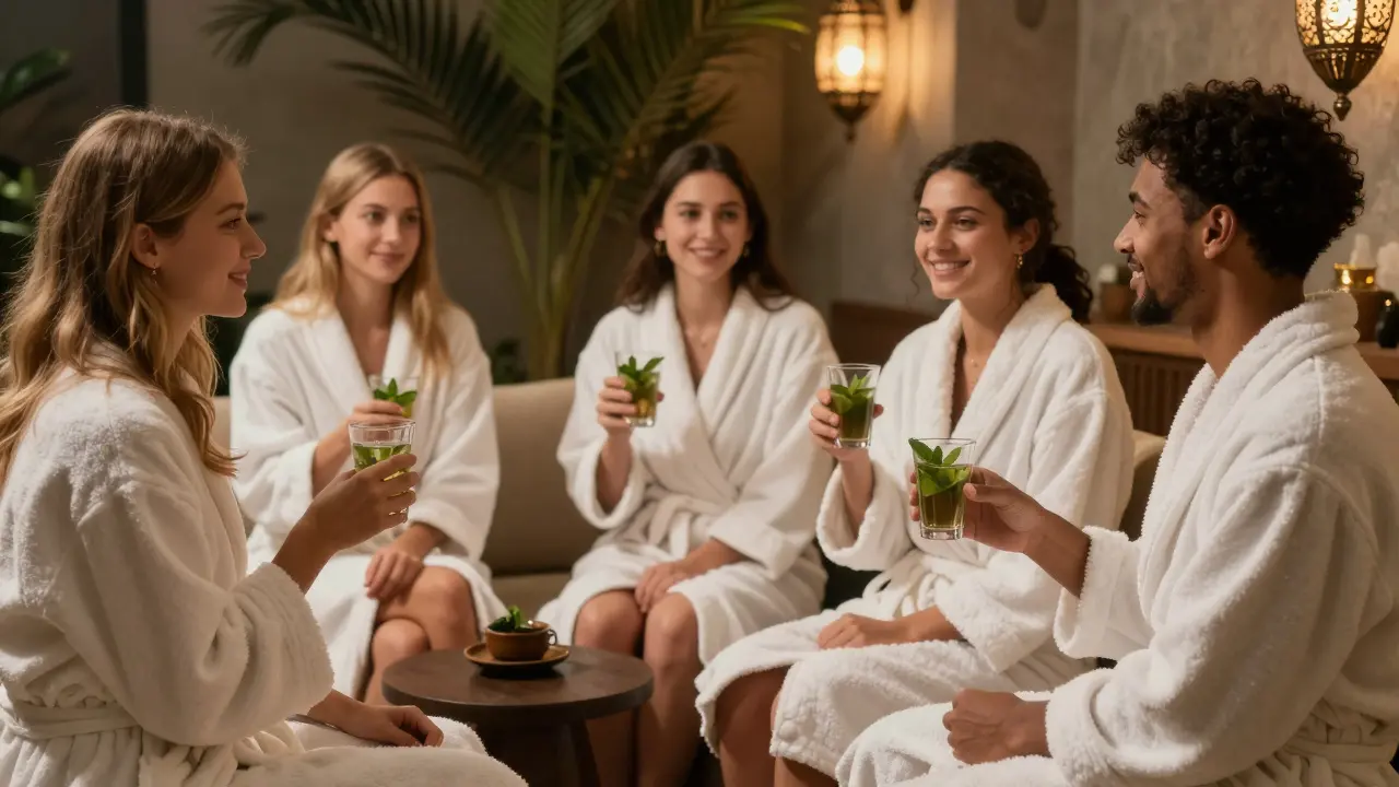 People in robes relaxing with tea in a spa lounge area.