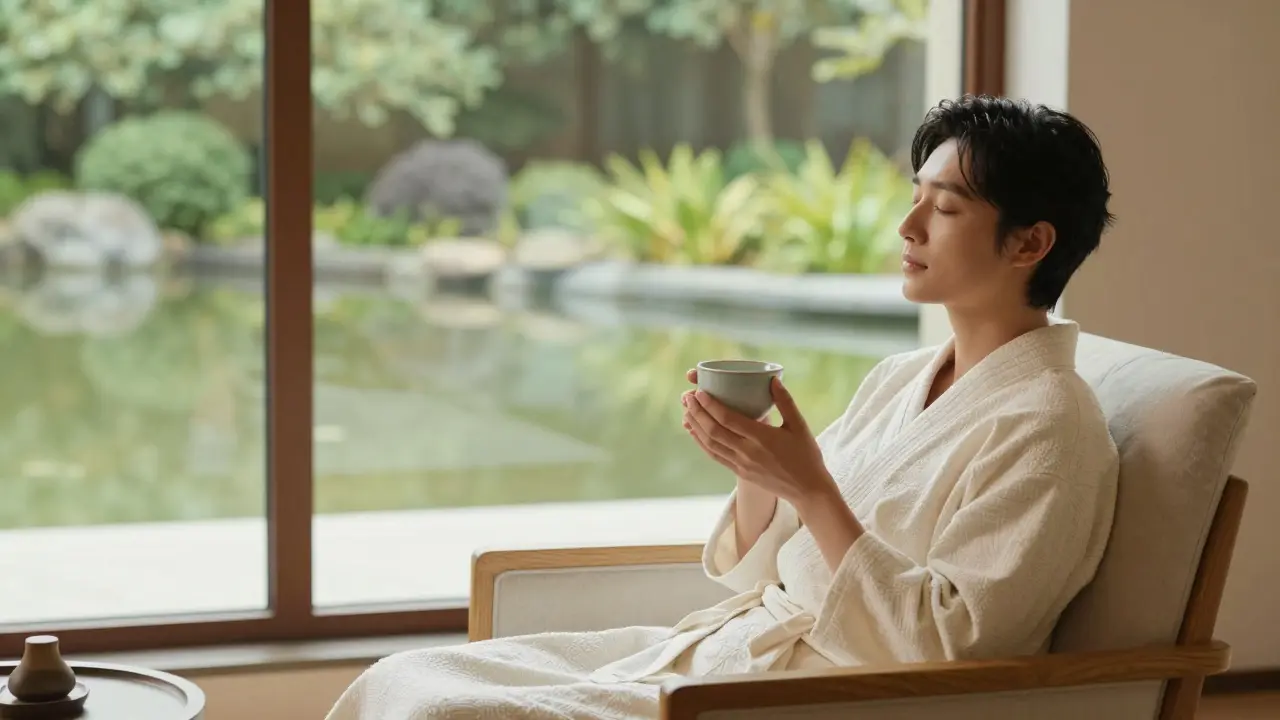 Person relaxing in a serene spa lounge with natural light.