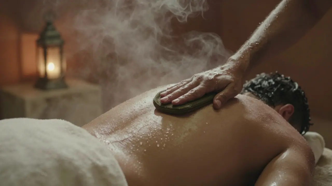 Person scrubbing skin with a kessa glove in a steamy hammam with marble slabs and soft lantern light.