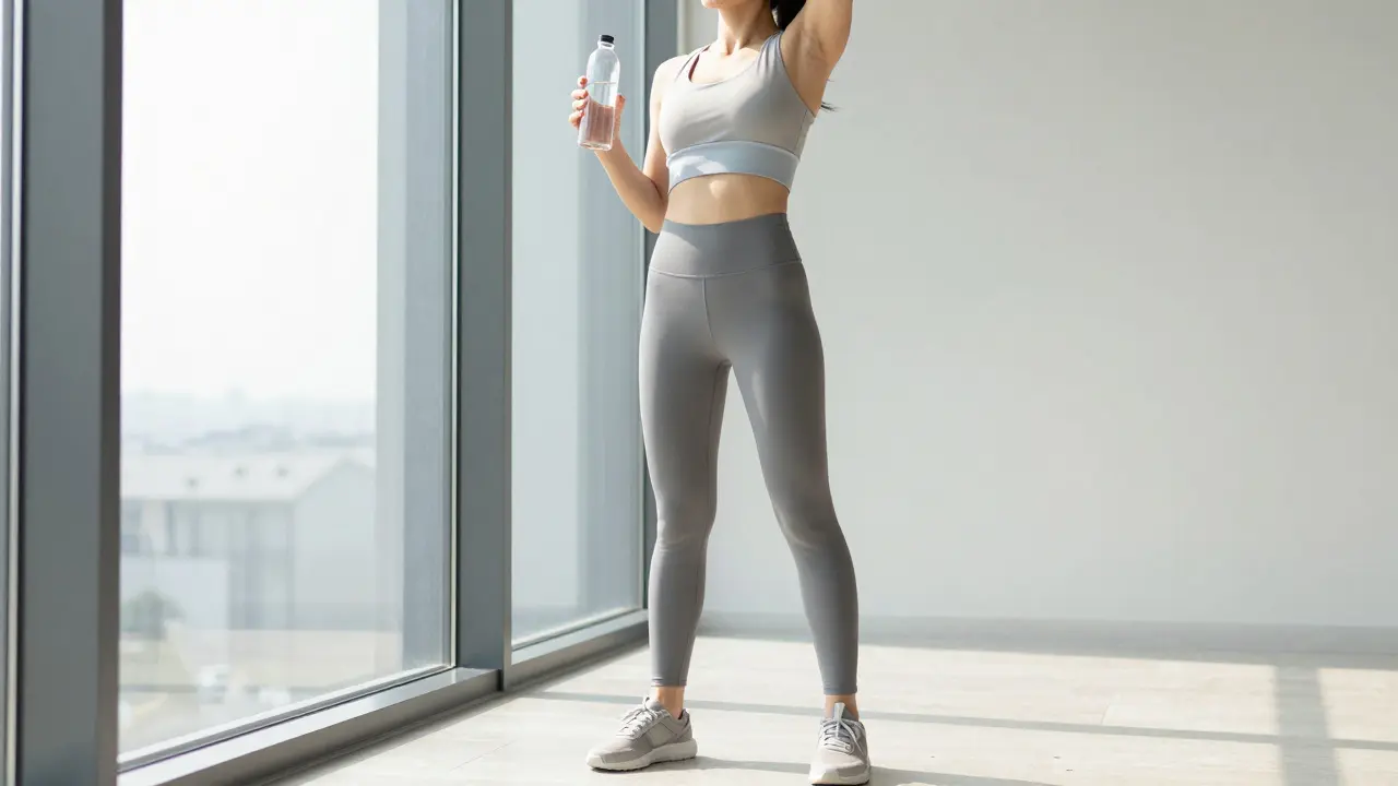 Person stretching and drinking water by window.