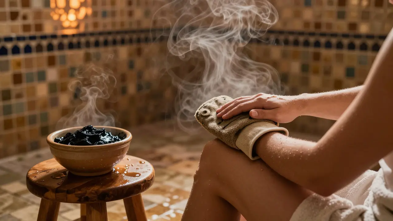 Person using a kessa glove in a steamy hammam with mosaic tiles and soft golden light.