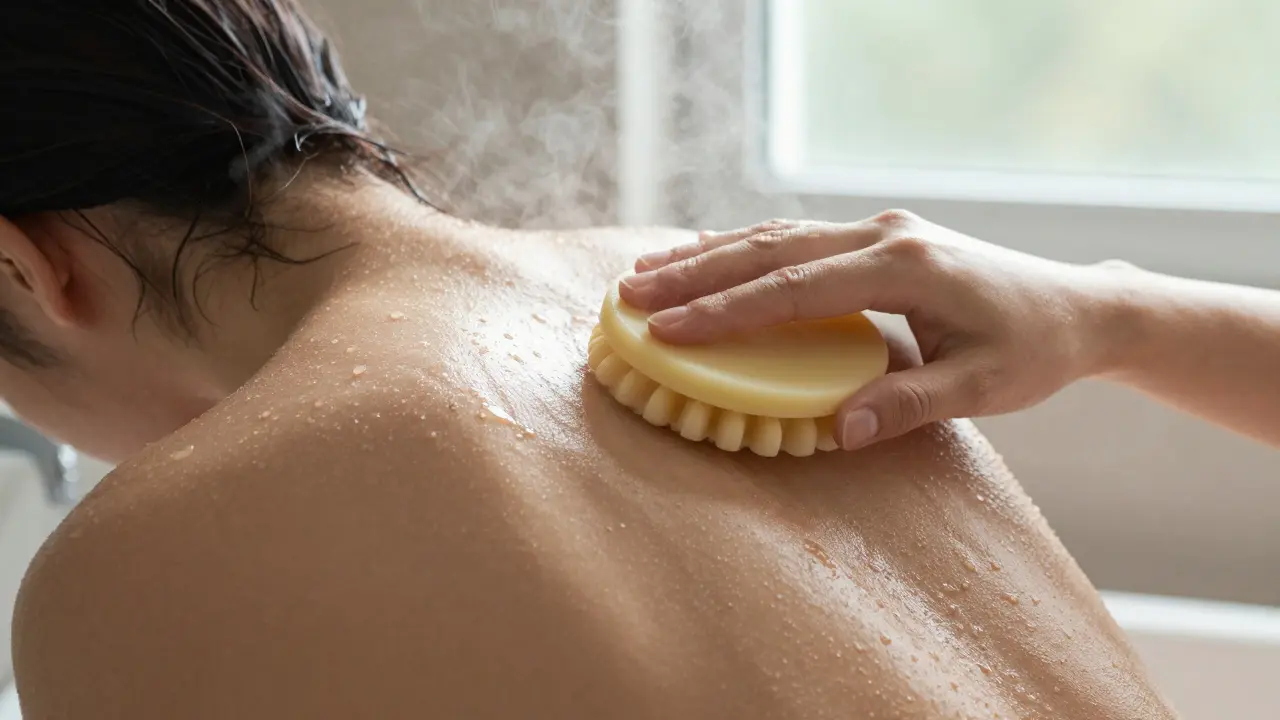 Person using a silicone scrubber gently on their back in the shower.