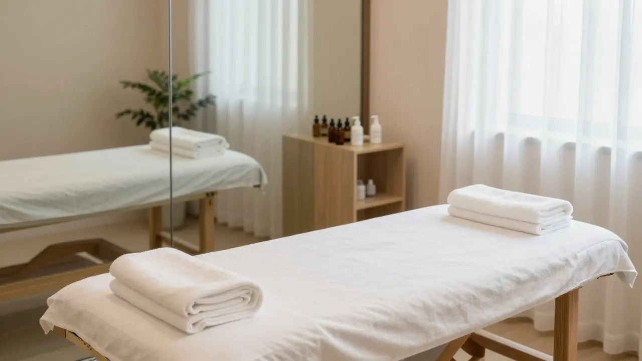 Professional treatment room with clean linens and towels ready