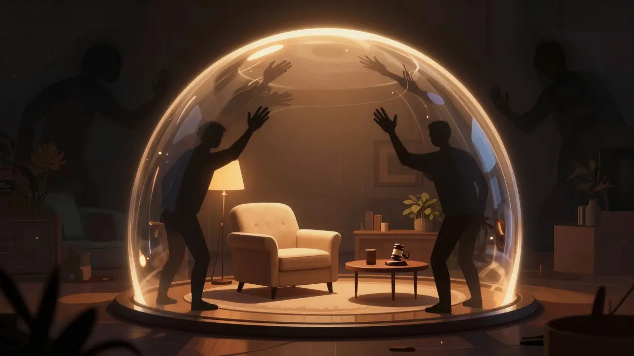 Protective glow shielding a furnished living room