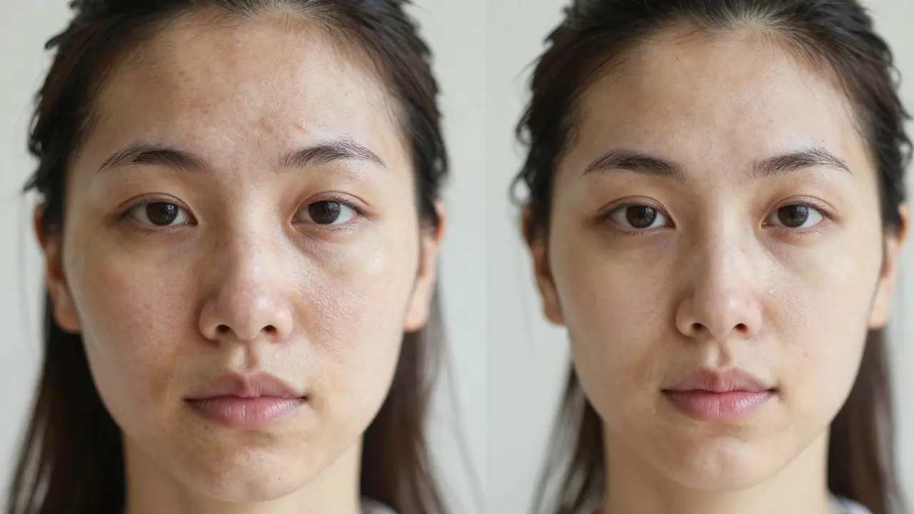 Real unedited comparison of congested skin versus smooth skin after consistent Moroccan black soap use.