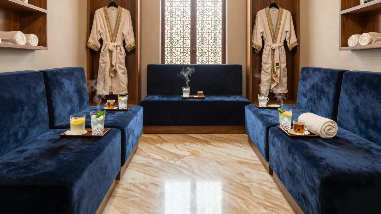 Relaxation lounge with tea and refreshing drinks after treatment