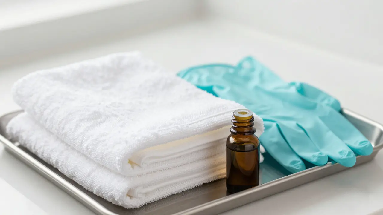 Sanitized spa linens and oils on a metal tray