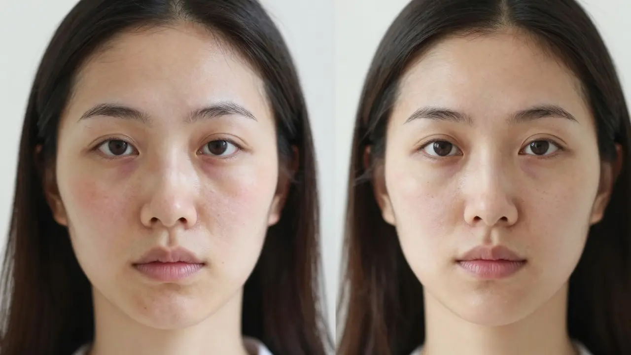 Side-by-side comparison showing reduced facial puffiness after a lymphatic drainage massage.