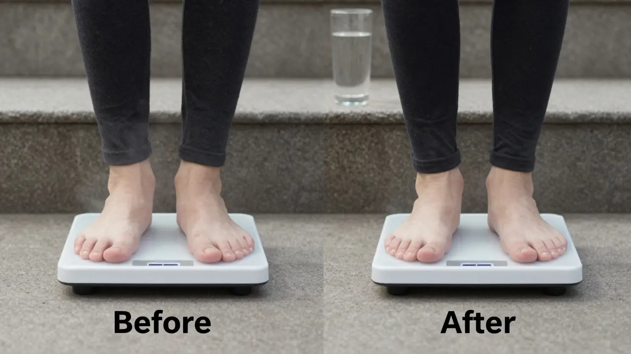 Side-by-side image of a person weighing themselves before and after a steam room session.
