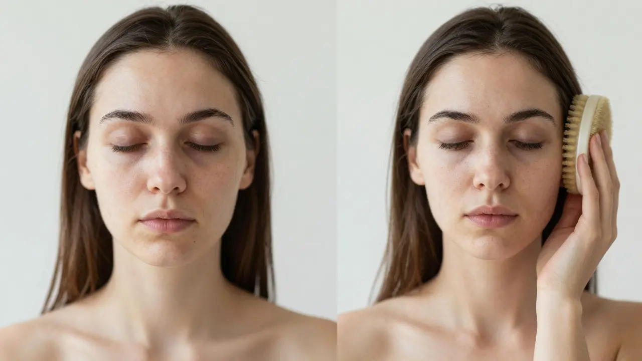 Side-by-side: puffy morning face vs. clear skin after self-care.