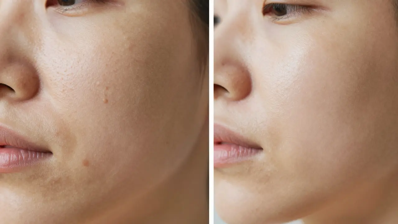 Side-by-side skin showing rough texture versus smooth, glowing skin after weeks of use.