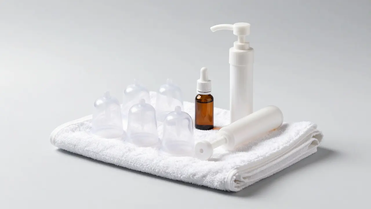 Silicone cupping tools arranged on white cloth