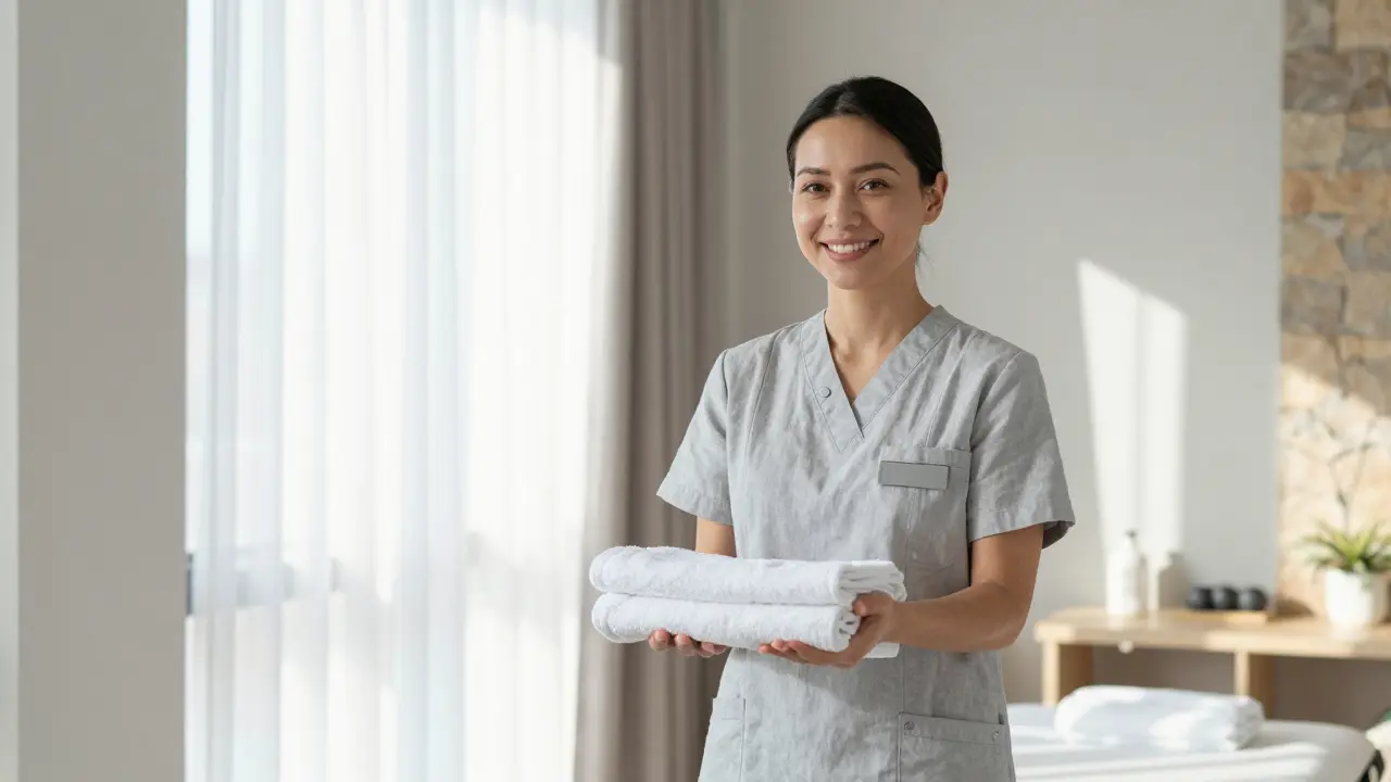 Smiling spa therapist holding a white towel in a bright room.