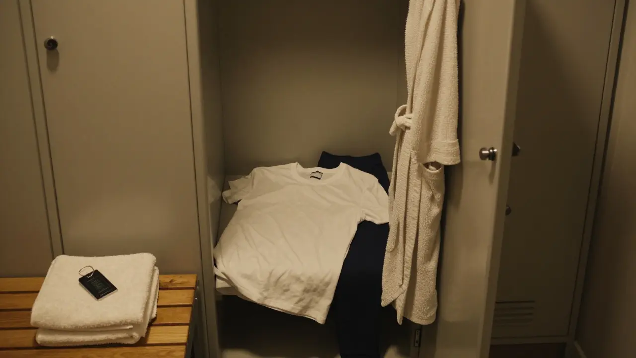 Spa locker with robe, towel, and simple clothes laid out neatly