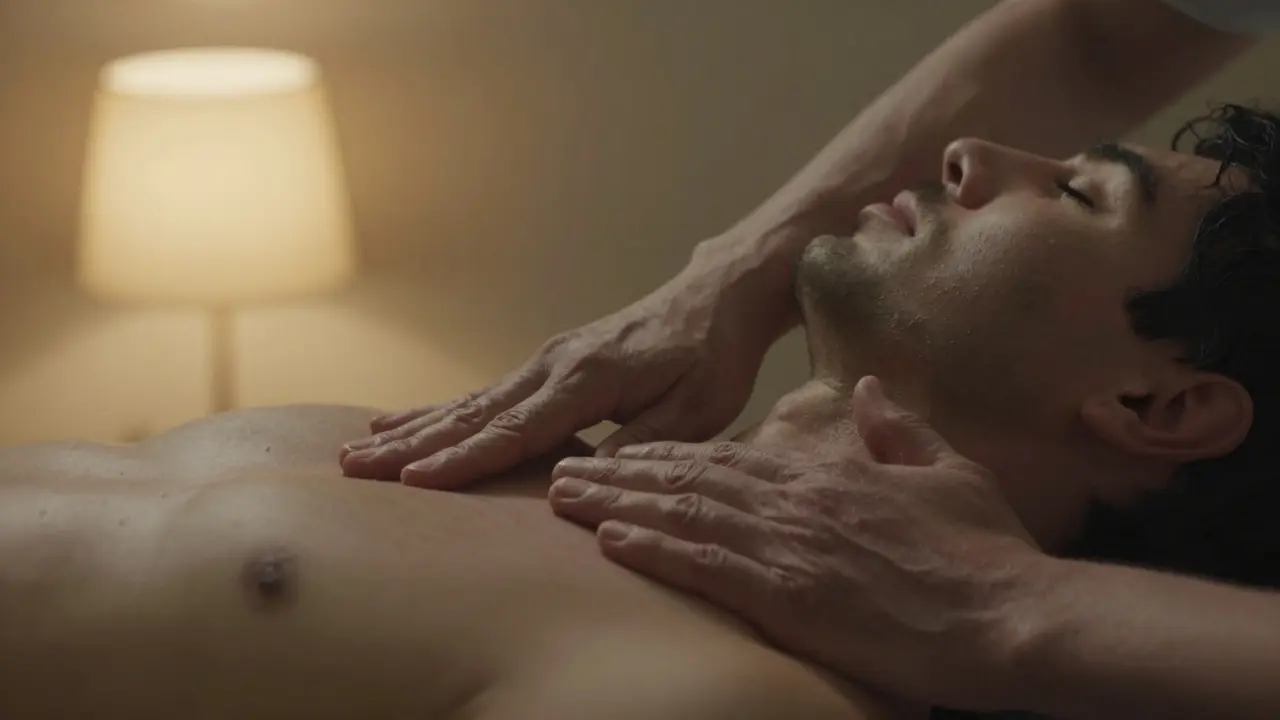 Therapist's hands gently working on a client's shoulder with calm focus.