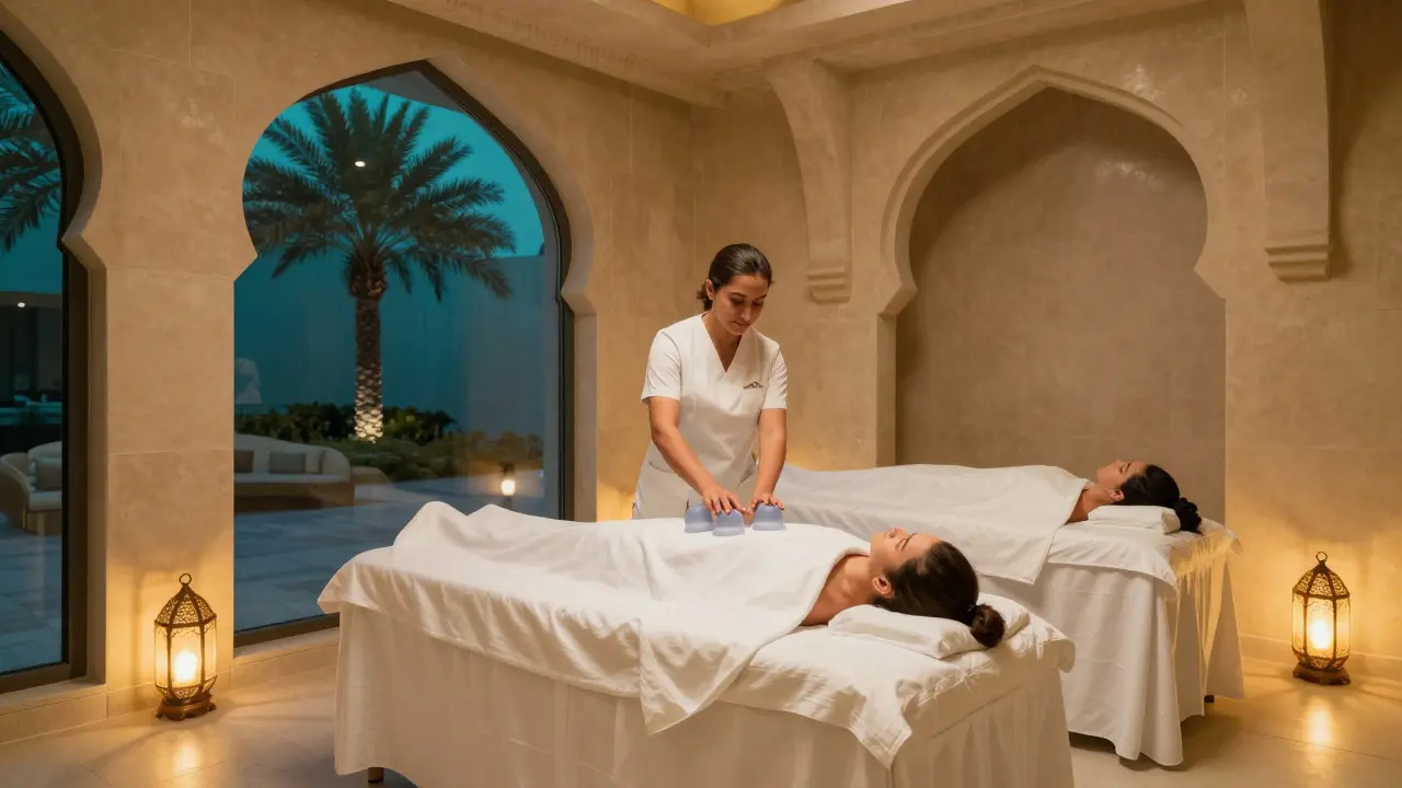Therapist applying cups in serene spa room