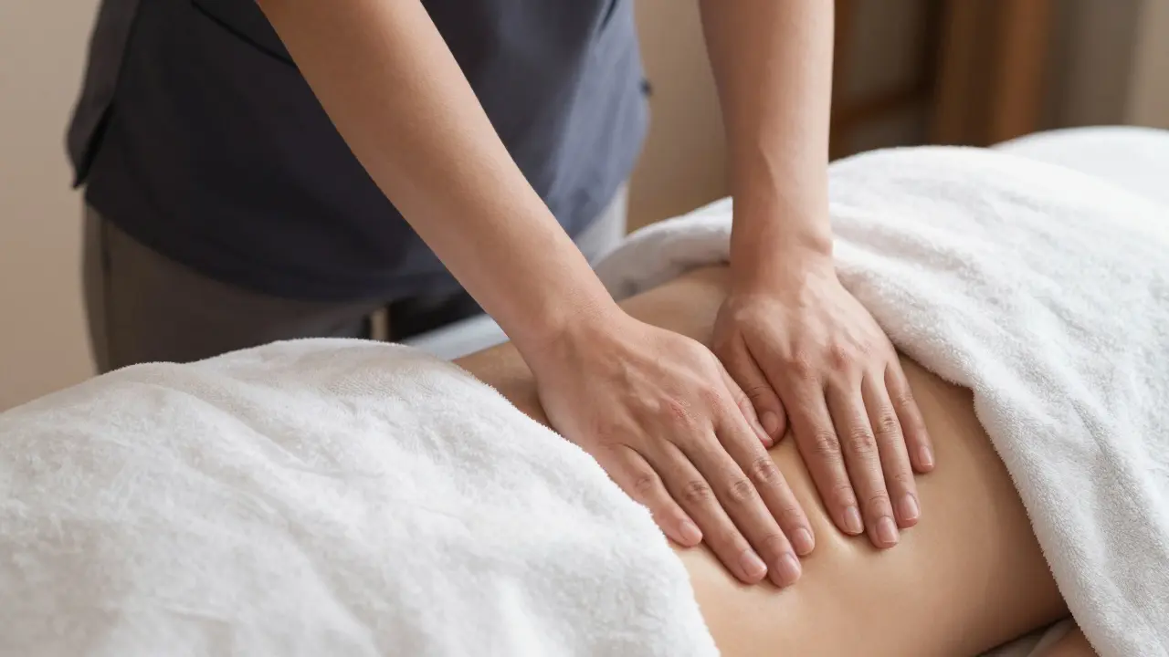Therapist applying forearm pressure on a client's back with a draped sheet.