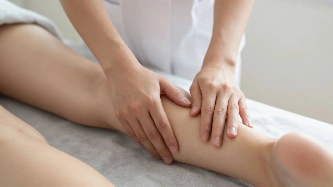 Therapist performing gentle lymphatic drainage on a client's leg.