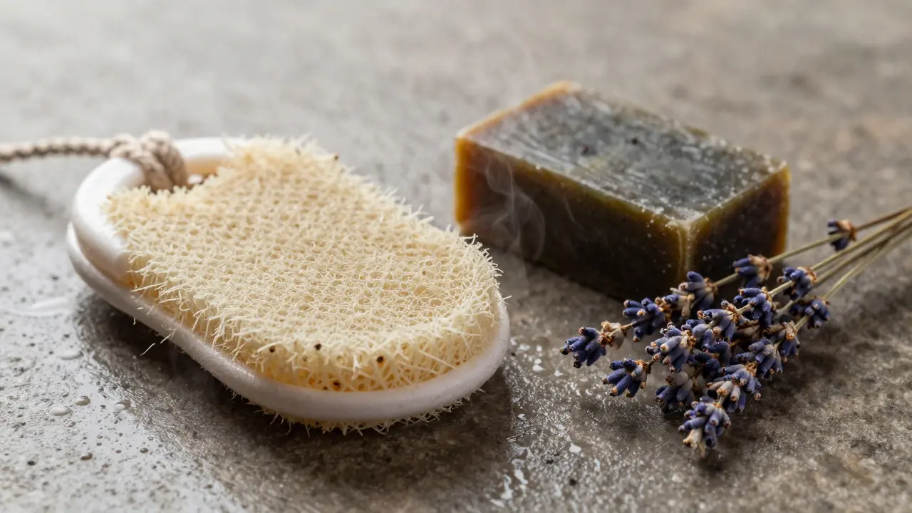 Traditional Hammam tools like exfoliation mitt and soap on stone.