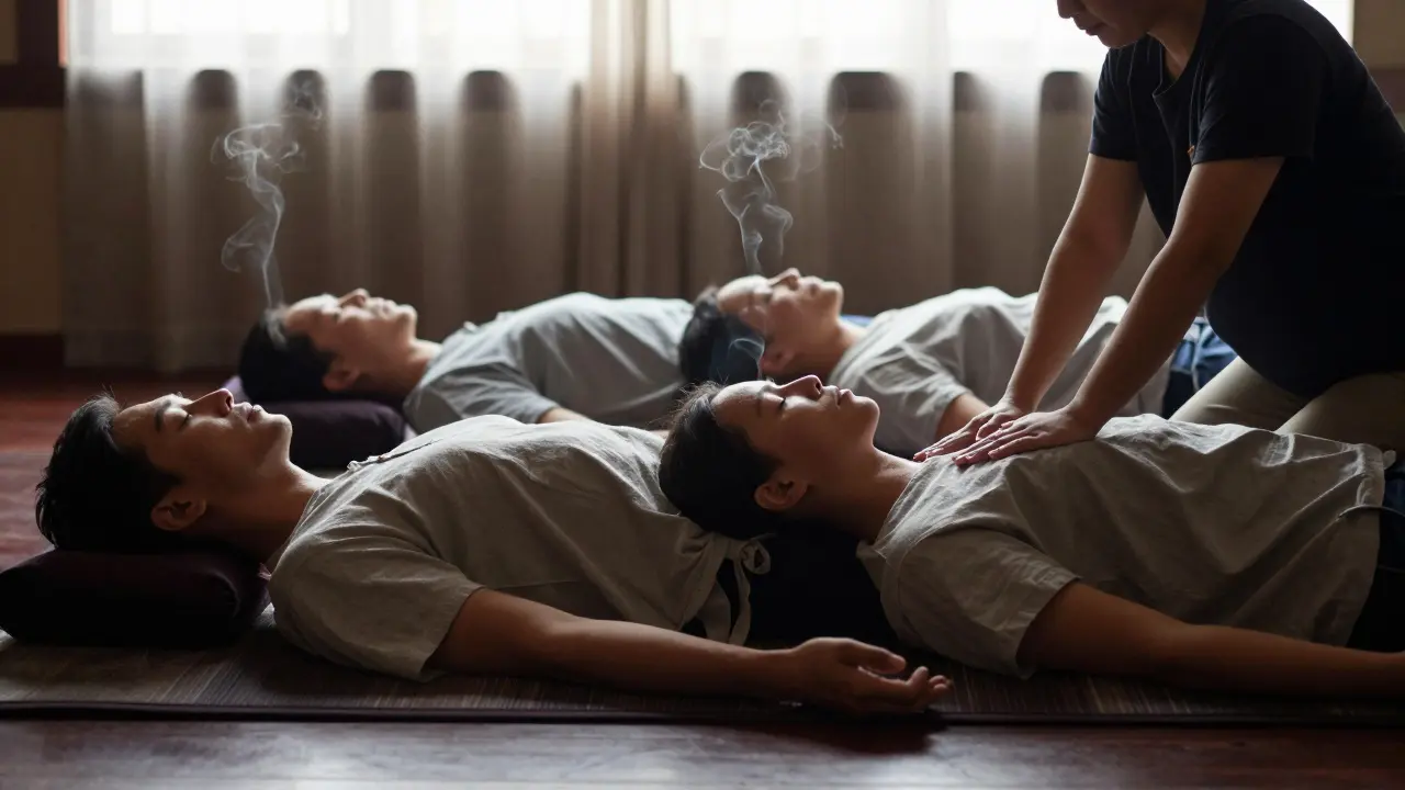Two people receiving Thai massage side by side, both relaxed in loose clothing, peaceful atmosphere.